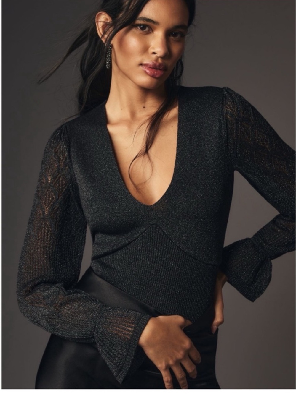 Anthropologie Black Shimmer Knit V-Neck Sweater with Sheer Lace Sleeves